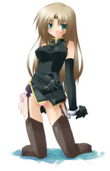 Rule 34 | 1girl, arms behind back, bare shoulders, bdsm, black gloves, black thighhighs, blush, bondage, bound, brown hair, china dress, chinese clothes, cuffs, dress, elbow gloves, full body, garter belt, gloves, green eyes, handcuffs, kneeling, kuzunoha kyouji (sunny side street), lingerie, long hair, looking at viewer, no shoes, original, panties, pink panties, side-tie panties, simple background, solo, thighhighs, underwear
