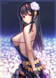 Rule 34 | 1girl, absurdres, back, black gloves, black hair, black thighhighs, blue dress, blush, breasts, dress, flower, gloves, hair flower, hair ornament, hair ribbon, hand up, highres, huge filesize, large breasts, long hair, looking at viewer, lordol, nightgown, original, profile, red eyes, ribbon, solo, tattoo, thighhighs