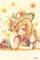 Rule 34 | 1girl, artist name, blonde hair, bow, braid, colored pencil (medium), female focus, hair ornament, hairclip, hat, hat bow, kirisame marisa, lying, matilda (matildax), musical note, on stomach, one eye closed, orange eyes, pastel (medium), radio, ribbon, single braid, smile, solo, touhou, traditional media, wink, witch, witch hat