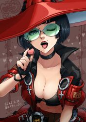 Rule 34 | 1girl, black choker, black gloves, black hair, breasts, candy, candy heart, choker, fingerless gloves, food, gloves, green-tinted eyewear, guilty gear, guilty gear strive, hat, highres, holding, holding candy, holding food, i-no, large breasts, looking at viewer, medium hair, mole, mole above mouth, one eye closed, open mouth, pink nails, red hat, red lips, short sleeves, sptn 00, tinted eyewear, venus symbol, witch hat