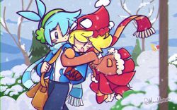 Rule 34 | 1boy, 1girl, :d, ahoge, amitie (puyopuyo), aqua scarf, bag, blonde hair, blue eyes, blue hair, blue scarf, blue sky, blush, bush, carbuncle (puyopuyo), clinging, closed eyes, coat, creature, day, earmuffs, full body, fur trim, hair between eyes, hat, highres, macaheroes, messenger bag, mittens, one eye closed, open mouth, orange scarf, outdoors, pants, puyopuyo, red scarf, scarf, short hair, shoulder bag, sig (puyopuyo), sky, smile, snow, snowing, striped clothes, striped scarf, swept bangs, winter, winter clothes, winter coat