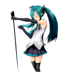 Rule 34 | 1girl, aqua hair, elbow gloves, closed eyes, gloves, hatsune miku, long hair, microphone, microphone stand, necktie, skirt, solo, thighhighs, tsukino, tsukino hp, twintails, vocaloid