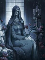 Rule 34 | 1girl, artist name, black hair, black hood, candle, candlestand, closed mouth, cold, covered eyes, dark souls (series), dark souls iii, flower, frost, highres, leaf, lowstrear, nun, rose, sister friede, sitting, smoke, solo, traditional nun, window