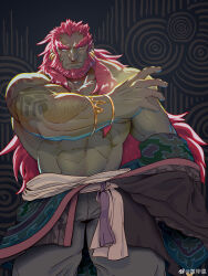 Rule 34 | 1boy, abs, absurdres, arm hair, bara, black kimono, bracelet, clothes down, colored skin, earrings, feet out of frame, ganondorf, green skin, highres, huge eyebrows, japanese clothes, jewelry, kimono, large hands, large pectorals, long hair, looking to the side, male focus, multiple earrings, muscular, muscular male, navel hair, nintendo, o2h (oblivionh), official alternate costume, pants, pectorals, pointy ears, red hair, shoulder tattoo, solo, standing, stomach, tattoo, the legend of zelda, the legend of zelda: tears of the kingdom, undressing, veins, veiny arms
