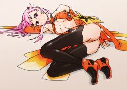 Rule 34 | 10s, 1girl, armpits, ass, bare shoulders, black thighhighs, blush, boots, breasts, center opening, elbow gloves, gloves, guilty crown, hair ornament, hairclip, kiriririn, leotard, long hair, lying, medium breasts, on side, pink hair, red eyes, red leotard, solo, thigh boots, thighhighs, underboob, yuzuriha inori