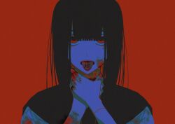 Rule 34 | 1girl, absurdres, bags under eyes, black capelet, black hair, blood, blood on clothes, blood on face, blood on hands, blunt bangs, capelet, commentary request, film grain, hands on own neck, highres, kanji tattoo, limited palette, long hair, looking at viewer, lynne (vocaloid), mole, mole under eye, open mouth, red background, red eyes, red theme, rin (rin7kan7), sanpaku, school uniform, serafuku, simple background, solo, straight-on, strangling, teeth, tongue, tongue out, tongue tattoo, translation request, upper teeth only