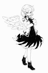 Rule 34 | 1girl, bow, braid, breasts, brooch, closed mouth, collared shirt, dress, feathered wings, french braid, full body, greyscale, hand to own mouth, highres, jacket, jewelry, kishin sagume, knees, long sleeves, maguro (mawaru sushi), medium breasts, monochrome, open clothes, open jacket, shirt, shoes, short hair, simple background, single wing, skirt, solo, standing, touhou, white background, wings