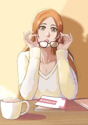Rule 34 | 1girl, alternate costume, bleach, brown eyes, collarbone, commentary request, cup, glasses, highres, holding, holding removed eyewear, indoors, inoue orihime, lips, long hair, long sleeves, mug, notebook, open mouth, orange hair, pink lips, shadow, shaolong, solo, sweater, table, teeth, unworn eyewear, upper teeth only, yellow sweater