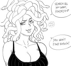Rule 34 | 1girl, bb (baalbuddy), bikini, breasts, cleavage, commentary, english commentary, english text, greyscale, heart, highres, large breasts, lipstick, long hair, looking at viewer, makeup, medusa (mythology), mexico, monochrome, original, parted lips, simple background, slit pupils, smile, smug, snake, snake hair, solo, spoken heart, swimsuit, white background