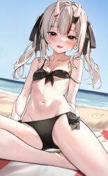 Rule 34 | 1girl, :d, absurdres, alternate costume, alternate hairstyle, beach, beach towel, bikini, black bikini, blue sky, blush, breasts, cleavage, fang, highres, hololive, horns, multicolored hair, nakiri ayame, navel, open mouth, pink eyes, red hair, sand, scarlet (wv0102), sitting, skin-covered horns, sky, small breasts, smile, solo, stomach, streaked hair, swimsuit, tongue, towel, twintails, virtual youtuber, water, white hair