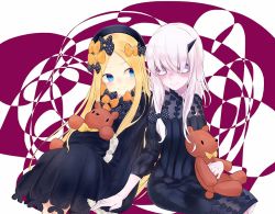 Rule 34 | 2girls, abigail williams (fate), albino, black bow, black dress, black hat, blonde hair, blue eyes, blush, bow, bowtie, commentary request, dress, fate/grand order, fate (series), grin, hair bow, hands in opposite sleeves, hat, holding, holding hands, holding stuffed toy, horns, lavinia whateley (fate), long sleeves, looking at another, moguru0808, multiple girls, orange bow, pale skin, parted bangs, pink eyes, polka dot, polka dot bow, ribbed dress, single horn, sitting, sleeves past wrists, smile, stuffed animal, stuffed toy, teddy bear, white hair, yellow bow