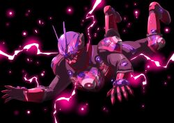 Rule 34 | 1boy, abs, armor, black armor, bug, electricity, floating, gloves, glowing, highres, kamen rider, kamen rider geats (series), kamen rider glare 2, legs up, looking to the side, male focus, manly, open hand, otokamu, power armor, purple eyes, red armor, red gloves, tokusatsu, toned, toned male, villain pose, visor (armor)