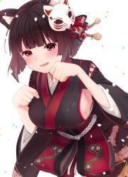 Rule 34 | 1girl, animal ears, azur lane, bad id, bad pixiv id, black hair, black kimono, blunt bangs, blush, breasts, cat ears, cat mask, detached sleeves, fang, fox mask, hair ornament, japanese clothes, kimono, large breasts, looking at viewer, mask, mask on head, open mouth, paw pose, red eyes, short hair, short kimono, sideboob, smile, solo, sumi (kjtd2458), upper body, wide sleeves, yamashiro (azur lane)