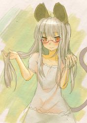 Rule 34 | 1girl, adapted costume, alternate hairstyle, animal ears, bespectacled, blush, dress, female focus, glasses, grey hair, ishikkoro, long hair, mouse ears, mouse tail, nazrin, red eyes, short hair, smile, solo, tail, touhou