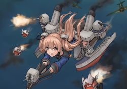 Rule 34 | 1girl, 3others, abyssal ship, adapted turret, aircraft, aircraft request, airplane, black gloves, black skirt, black thighhighs, blue shirt, breasts, brown eyes, cannon, character request, cleavage, commentary request, full body, garter straps, gloves, johnston (kancolle), k jie, kantai collection, light brown hair, long hair, machinery, multiple others, off shoulder, pleated skirt, sailor collar, school uniform, serafuku, shin guards, shirt, skirt, smokestack, thighhighs, turret, twintails, two side up, united states medal of honor