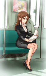 Rule 34 | 1girl, brown eyes, brown hair, business suit, collared shirt, formal, full body, high heels, holding, holding paper, long hair, mature female, office lady, original, paper, pencil skirt, reading, shirt, sitting, skirt, solo, suit, train, ur (wulfa)