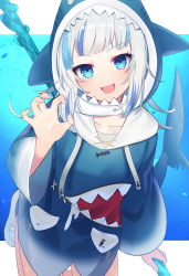 Rule 34 | 1girl, :d, animal costume, blue eyes, blue nails, gawr gura, highres, hololive, hololive english, hood, looking at viewer, multicolored hair, nail polish, open mouth, shark costume, smile, solo, streaked hair, virtual youtuber, white hair, yataga tani