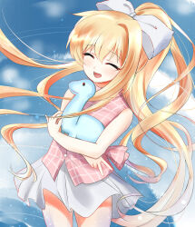 Rule 34 | 1girl, :d, ^ ^, air (visual novel), bare arms, blonde hair, blue background, blush, bow, closed eyes, commentary, cowboy shot, crossed arms, floating hair, hair between eyes, hair bow, happy, highres, holding, holding stuffed toy, kamio misuzu, long hair, miniskirt, open mouth, pink shirt, plaid, plaid shirt, ponytail, shirt, sidelocks, simple background, single hair intake, skirt, sleeveless, sleeveless shirt, smile, solo, standing, stuffed dinosaur, stuffed toy, very long hair, white bow, white skirt, wind, wind lift, zenoo