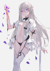 Rule 34 | 1girl, absurdres, ascot, black bow, black bowtie, black panties, blood, blood on arm, blue eyes, bow, bowtie, breasts, closed mouth, elf, expressionless, facial mark, feet out of frame, flower, grey hair, hair between eyes, highres, holding, holding flower, long hair, looking away, navel, original, panties, petals, pointy ears, purple eyes, short sleeves, simple background, small breasts, solo, standing, thighhighs, thighs, underwear, very long hair, white ascot, white background, white thighhighs, xiao lin jiu