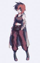 Rule 34 | 1other, ;p, absurdres, androgynous, atoymk, belt, black headband, black tank top, boots, brown eyes, brown footwear, brown hair, chromatic aberration, coat, coat partially removed, crop top, cross-laced footwear, film grain, full body, grey coat, hand on own hip, headband, highres, kurohebi, lace-up boots, len&#039;en, long sleeves, navel, one eye closed, open clothes, open coat, other focus, pants, pocket, red pants, short hair, simple background, solo, standing, tank top, tongue, tongue out, white background