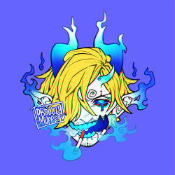 Rule 34 | 1boy, blonde hair, cigarette, curly eyebrows, facial hair, fire, hair over one eye, horns, male focus, one piece, open mouth, pointy ears, sanji (one piece), short hair, signature, smoke, smoking, straw hat pirates, teeth, toboldlymuppet, tongue