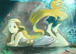 Rule 34 | 1girl, absurdly long hair, absurdres, bad id, bad pixiv id, barefoot, blonde hair, commentary request, coral, crack, crossed arms, dress, feet up, from side, full body, gold, gold hairband, green eyes, hairband, highres, light rays, long hair, looking at viewer, lying, no shoes, on stomach, original, soles, solo, submerged, sunbeam, sunlight, turquoise iro, underwater, very long hair, water, white dress