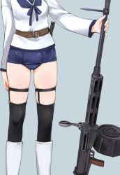 Rule 34 | 1girl, aohashi ame, arm at side, belt, black thighhighs, blue background, boots, character request, commentary request, drum magazine, flip up sight, garter straps, gluteal fold, gun, knee boots, machine gun, magazine (weapon), school swimsuit, school uniform, serafuku, skindentation, solo, strike witches, swimsuit, swimsuit under clothes, thighhighs, thighs, weapon, world witches series