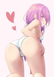 Rule 34 | 1girl, :p, absurdres, ass, blush, bra, breasts, commentary request, grabbing own thigh, gradient background, heart, highres, kneeling, kuro kinkan, long hair, looking at viewer, looking back, original, panties, purple eyes, purple hair, sideboob, small breasts, solo, thighs, tongue, tongue out, underboob, underwear, white bra, white panties