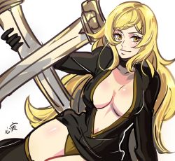 Rule 34 | 1girl, blonde hair, breasts, cleavage, drag-on dragoon, drag-on dragoon 3, five (drag-on dragoon), holding, holding weapon, kokomi (aniesuakkaman), large breasts, long hair, looking at viewer, no bra, solo, weapon, white background, yellow eyes