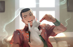 Rule 34 | 1boy, :d, animal, buzz cut, cat, couch, food, formaggio, green eyes, grey hair, highres, holding, holding animal, holding food, indoors, jacket, jojo no kimyou na bouken, looking at animal, one eye closed, open mouth, orange jacket, short hair, short sleeves, sitting, smile, solo, vento aureo, very short hair, window, zouhyou (at4190)