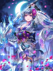 Rule 34 | 1girl, bow, box (hotpppink), breasts, cleavage, company name, crescent moon, floral print, garter straps, highres, holding, holding sword, holding weapon, looking at viewer, medium hair, moon, night, night sky, obi, official art, petals, purple bow, purple eyes, sash, sengoku kishin valkyrie, silver hair, sky, small breasts, solo, standing, sword, tassel, thighhighs, weapon, white thighhighs
