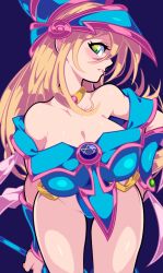 Rule 34 | 1girl, aqua marine (aqua000marine), bare shoulders, blonde hair, blush, blush stickers, breasts, choker, cleavage, dark magician girl, duel monster, green eyes, hair between eyes, hat, highres, large breasts, leotard, leotard under clothes, long hair, looking at viewer, magical girl, pentacle, smile, solo, staff, wand, wide hips, wizard hat, yu-gi-oh!