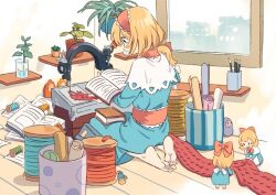 Rule 34 | 1girl, alice margatroid, barefoot, blonde hair, blue dress, blue eyes, book, capelet, dress, hairband, holding, holding book, indoors, kneeling, lolita hairband, long sleeves, open book, plant, potted plant, red hairband, shanghai doll, short hair, solo, touhou, white capelet, window, yayin (yayin233)