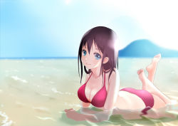Rule 34 | 1girl, barefoot, beach, bikini, blue eyes, breasts, brown hair, cleavage, day, looking at viewer, lying, medium breasts, on stomach, original, outdoors, partially submerged, red bikini, short hair, smile, solo, swimsuit, tera (teraura), water
