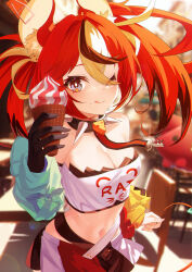 Rule 34 | 1girl, absurdres, animal ears, black collar, black hair, blue eyes, blurry, blurry background, breasts, cheese, cleavage, collar, crop top, detached sleeves, food, food on face, hakos baelz, highres, hololive, hololive english, ice cream cone, jiang ye kiri, key, large breasts, licking lips, looking at viewer, midriff, mouse ears, mouse girl, mouse tail, mousetrap, multicolored hair, navel, one eye closed, outdoors, red hair, solo, spiked collar, spikes, stomach, streaked hair, tail, tongue, tongue out, twintails, virtual youtuber, white hair