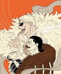 Rule 34 | 2boys, black hair, blonde hair, brown coat, cigar, coat, crocodile (one piece), dark-skinned male, dark skin, donquixote doflamingo, feather boa, from side, frown, fur coat, furrowed brow, hair slicked back, half-closed eyes, height difference, hook hand, limited palette, long tongue, male focus, mature male, medium hair, mg cls, multiple boys, muscular, muscular male, one piece, open mouth, orange background, orange theme, pointing, pointing at another, portrait, profile, purple-tinted eyewear, saliva, sanpaku, scar, scar on face, scar on nose, short hair, sideburns, smile, smoke, smoking, stitches, sunglasses, teeth, tinted eyewear, tongue, upper body, very short hair, white-framed eyewear, white-framed glasses, yellow eyes