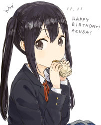 Rule 34 | 1girl, black eyes, black hair, black jacket, blazer, character name, collared shirt, commentary request, cookie, eating, eyebrows hidden by hair, food, happy birthday, jacket, k-on!, long hair, long sleeves, looking at viewer, looking to the side, nakano azusa, nasuna, neck ribbon, red ribbon, ribbon, sakuragaoka high school uniform, school uniform, shirt, sidelocks, simple background, solo, twintails, upper body, white background, white shirt