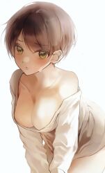 Rule 34 | 1girl, blush, breasts, brown hair, cleavage, collarbone, hiki momoco, large breasts, leaning forward, long sleeves, looking at viewer, loose clothes, loose shirt, original, shirt, short hair, simple background, single bare shoulder, solo, sweatdrop, white background, white shirt