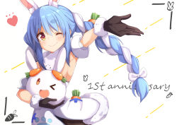 Rule 34 | 1girl, ;), ame., animal ear fluff, animal ears, anniversary, arm up, armpits, black gloves, blue hair, blush, bow, braid, brown eyes, brown pantyhose, carrot hair ornament, closed mouth, commentary request, detached sleeves, don-chan (usada pekora), dress, food-themed hair ornament, fur-trimmed dress, fur-trimmed gloves, fur trim, gloves, hair between eyes, hair bow, hair ornament, heart, highres, hololive, long hair, multicolored hair, one eye closed, pantyhose, pekomon (usada pekora), puffy short sleeves, puffy sleeves, rabbit ears, short eyebrows, short sleeves, smile, thick eyebrows, twin braids, twintails, two-tone hair, usada pekora, usada pekora (1st costume), very long hair, virtual youtuber, white background, white bow, white dress, white hair, white sleeves