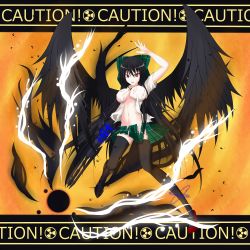 Rule 34 | 1girl, alternate weapon, arm cannon, asymmetrical clothes, asymmetrical footwear, black hair, black sun, black thighhighs, black wings, blouse, bow, breasts, caution, energy ball, feathers, female focus, gmot, hair bow, highres, jewelry, large breasts, long hair, mismatched footwear, necklace, no panties, open clothes, open mouth, open shirt, plaid, plaid skirt, radiation symbol, red eyes, reiuji utsuho, shirt, skirt, solo, sun, symbol-shaped pupils, thighhighs, third eye, torn clothes, torn shirt, torn skirt, touhou, very long hair, weapon, wings