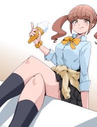 Rule 34 | 1girl, :p, arm support, black skirt, black socks, blue shirt, blush, bow, bowtie, brown background, brown eyes, brown hair, closed mouth, clothes around waist, collared shirt, crossed legs, food, from below, gradient background, gyaru, healin&#039; good precure, highres, hiramitsu hinata, holding, holding food, ice cream, ice cream cone, index finger raised, kogal, long hair, long sleeves, loose neckwear, miniskirt, multicolored background, pleated skirt, precure, scrunchie, shadow, shirt, simple background, sitting, skirt, smile, socks, soft serve, solo, sweater, sweater around waist, thighs, tongue, tongue out, twintails, uraki, white background, wrist scrunchie, yellow bow, yellow bowtie, yellow scrunchie, yellow sweater
