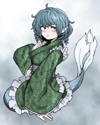 Rule 34 | 1girl, blue eyes, blue hair, blue tail, closed mouth, commentary, drill hair, drill sidelocks, fe (tetsu), fins, full body, green kimono, head fins, highres, japanese clothes, kimono, long sleeves, looking at viewer, mermaid, messy hair, monster girl, sash, short hair, sidelocks, solo, touhou, wakasagihime, wide sleeves