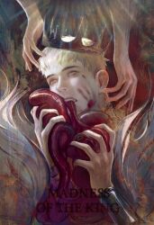 Rule 34 | 1boy, blonde hair, blood, blood on face, bracer, commentary, crown, disembodied hand, dungeon meshi, eating, english commentary, english text, guro, hands up, highres, holding, intestines, laios touden, looking at viewer, male focus, nikily, open mouth, red background, short hair, solo focus, upper body, very short hair, yellow eyes