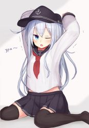 Rule 34 | 1girl, anchor symbol, black hat, black sailor collar, black skirt, black thighhighs, blue eyes, commentary request, flat cap, hat, hibiki (kancolle), highres, kantai collection, long hair, looking at viewer, neckerchief, one eye closed, open mouth, pleated skirt, red neckerchief, reitou mikan, sailor collar, school uniform, serafuku, silver hair, simple background, sitting, skirt, solo, stretching, thighhighs, wariza, white background