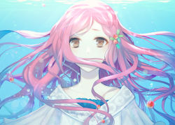 Rule 34 | 1girl, bad id, bad pixiv id, brown eyes, cranberry, cranberry (vocaloid), floating hair, food, fruit, gumi, hair ornament, hatsune miku, long hair, looking at viewer, pink hair, rowya, sakura miku, solo, underwater, vocaloid