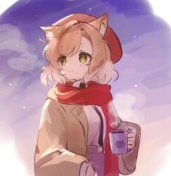 Rule 34 | 1girl, animal ear fluff, animal ears, arknights, beret, black necktie, blush, breath, brown eyes, brown jacket, closed mouth, collared shirt, commentary request, cup, hat, highres, holding, holding cup, jacket, light brown hair, long sleeves, looking away, looking to the side, mgmg cc211, mousse (arknights), mousse (campfire cooking smoke) (arknights), mug, necktie, night, night sky, open clothes, open jacket, purple skirt, red hat, red scarf, scarf, shirt, skirt, sky, sleeves past wrists, smile, solo, suspender skirt, suspenders, upper body, white shirt