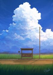 Rule 34 | alu.m (alpcmas), blue sky, bus stop, cloud, commentary request, cumulonimbus cloud, day, highres, no humans, original, outdoors, power lines, road sign, rural, scenery, sign, sky, utility pole