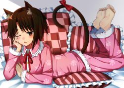 Rule 34 | 1girl, 501092-taka, ;o, animal ears, barefoot, blush, brown eyes, brown hair, cat ears, cat tail, feet, head rest, jpeg artifacts, kemonomimi mode, leg up, lying, on stomach, one eye closed, original, pajamas, paw print, pillow, ribbon, short hair, soles, solo, striped, tail, toes, wink