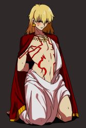 Rule 34 | 1boy, arms behind back, barefoot, blonde hair, blush, bound, bound arms, chietori, cloak, earrings, fate (series), gilgamesh (fate), jewelry, kneeling, long hair, male focus, navel, nipples, red eyes, solo, sweat, tattoo, thighs, toga