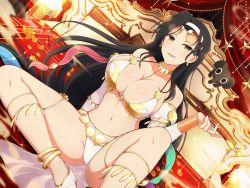 Rule 34 | 1girl, armor, bare hips, bare legs, bare shoulders, bed, between breasts, bikini, bikini armor, black hair, breasts, brown eyes, cameltoe, cleavage, earrings, elbow gloves, elephant, gloves, headband, highres, huge breasts, jasmine (senran kagura), jewelry, knees up, large breasts, leglet, legs, long hair, looking at viewer, necklace, open mouth, revealing clothes, senran kagura, sideboob, sitting, smile, smoke, solo, spread legs, sunglasses, sunglasses on head, swimsuit, thick thighs, thighlet, thighs